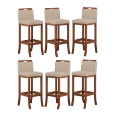 Imagem de Kit 6 Banquetas Alta Encosto Estofado 38x102 Cm Turim Madeira Maciça Pinhão Suede Bege ccs