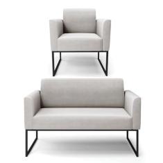 Imagem de Sofá Namoradeira com Poltrona Base Industrial Preto Marisa Veludo Cinza D03 - D'Rossi