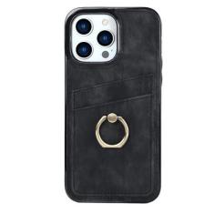 Imagem de Capa de couro com anel de dedo para iPhone 15 Pro Max 14 13 12 11 Pro Max 15 Plus 13 Pro Carteira com slots para cartões Capa traseira com suporte, preta, para iPhone 13Pro Max