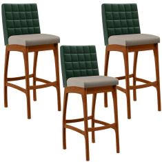 Imagem de Kit 03 Banquetas Altas Cozinha Sala Jantar Fixa Mila B04 Facto Verde Musgo Linho Bege - Lyam Decor