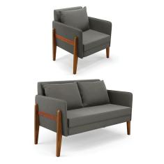 Imagem de Kit 1 Sofá Namoradeira E 1 Poltrona Lana Suede Base De Madeira - D`rossi Cor Grafite