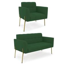 Imagem de Sofá Namoradeira E Poltrona Base Pé De Ferro Dourado Elisa Veludo Verde D03 - D'rossi
