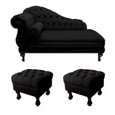 Imagem de Recamier Divã Namoradeira Larissa 150cm + 2 Puffs Retrô Suede Preto - LM DECOR