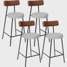 Imagem de Kit 04 Banquetas Baixa Cozinha Sala De Jantar Milão L02 Couríssimo Marrom Linho Cinza - Lyam Decor