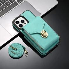 Imagem de Capa de telefone tipo carteira de couro com cordão crossbody para iPhone 15 14 Pro Max 13 12 11 XS XR X SE 2022 8 7 Plus Flip Stand Cover, verde, para iPhone 13