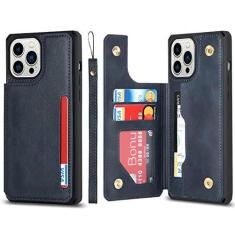 Imagem de Capa de couro flip para iPhone 12 13 Mini 14 11 Pro Max Carteira Capa para telefone com compartimento para cartão de crédito Alça de suporte, azul, para iPhone 13 Mini