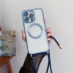 Imagem de Capas de carregamento magnético sem fio transparentes revestidas para iPhone 15 14 11 12 13 Pro Max Crossbody Lanyard Colar Capa, Azul Sierra, Para iPhone 11 ProMax