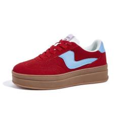 Imagem de LUCKY STEP Tênis feminino moderno plataforma sola grossa camurça couro legítimo clássico borracha sola de goma cano baixo casual sapatos de caminhada, Vermelho/azul, 38