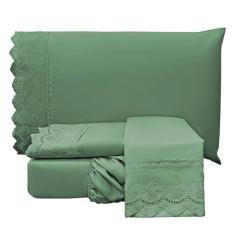 Imagem de Jogo Cama Lençol Loren Queen Bordado Inglês Micro Percal 300 Fios 4 Peças - Verde Esmeralda