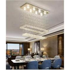 Imagem de Lustre De Cristal , Para Sala De Estar/Jantar Com 90Cm De Altura Base De Inox Espelhado De 70X20cm