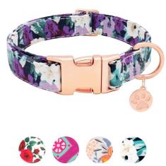 Imagem de HSIGIO Coleira de cachorro de algodão macio, coleira de cachorro durável ajustável com fivela de metal, floral roxa com pingente, coleiras para meninas, meninos, cães, presente para cães pequenos,