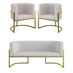 Imagem de Kit 2 Cadeiras Poltronas + Sofá 2 Lugares Base De Metal Veludo Bege