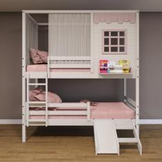 Imagem de Beliche Casinha Reta com Grade Removível Escorregador e Cortina Madeira Maciça Branco/ Rosa Housin
