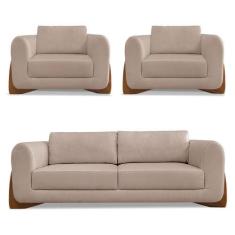 Imagem de Kit 2 Poltronas e Sofá Living 2 Lugares 1,60m Lottus Linho Areia Pés C