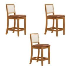Imagem de Kit 3 Banquetas Altas de Telinha Assento Estofado Couro Pu Caramelo Ru