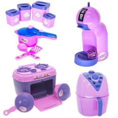 Imagem de Kit Brinquedo Cozinha Menina Rosa Fogão Pote Panela Café 13P - Altimar