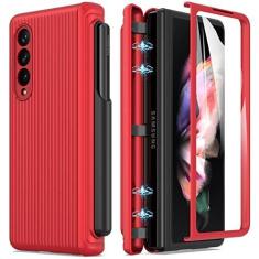 Imagem de MAKAVO Capa para Samsung Galaxy Z Fold 3 5G com proteção de dobradiça, suporte para caneta S, protetor de tela de vidro temperado integrado, slim fit, textura antiderrapante 3D, capa de telefone à