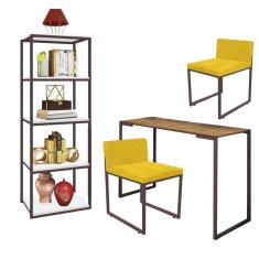 Imagem de Kit Escritório Ravi 2 Cadeiras Suede Amarelo com 1 Mesa e 1 Livreiro Ferro Marrom MDF Malbec - Ahazzo Móveis