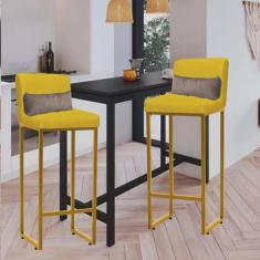 Imagem de Kit 02 Banqueta Alta com Encosto Lucca Industrial Cozinha Balcão Ferro Dourado Sintético Amarelo e Almofada Bege - Ahazzo Móveis