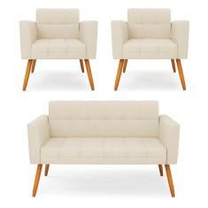 Imagem de Kit 1 Sofá Namoradeira E 2 Poltronas Elisa Linho Bege A19 Pés Palito Castanho - D`rossi