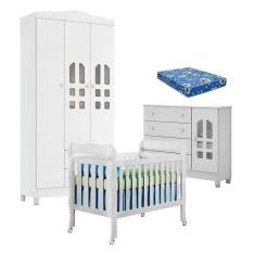 Imagem de Quarto de Bebê New Selena 3 Portas com Berço Lila e Cômoda Selena Branco Brilho e Colchão Ortobom – Carolina Móveis