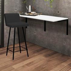 Imagem de Kit Mesa Suspensa de Parede Fixa MDF Branco + 1 Banqueta Lexi Ferro Preto Sintético Preto - Ahazzo Móveis