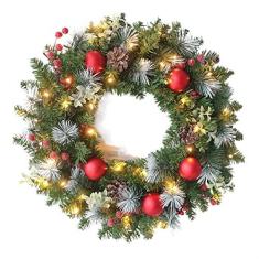 Imagem de Guirlanda de flores para decoração de casa 40 cm, enfeite de Natal, guirlanda de Natal com luz de LED para porta da frente, guirlanda de pendurar em casa, guirlanda de casa de fazenda para porta da