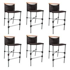 Imagem de Kit 6 Banquetas Em Corda Náutica Base Em Alumínio Cinza Com Detalhe Em Madeira Marrom Marrom