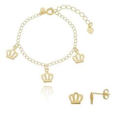 Imagem de Kit Infantil Brinco + Pulseira De Coroa Banhado A Ouro - Jhulias Joias
