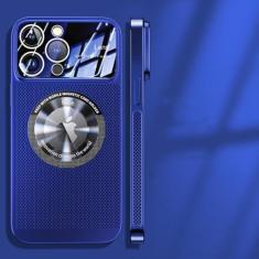 Imagem de Capa magnética de dissipação de calor para iPhone 13 11 12 14 15 Pro Max lente de vidro de malha galvanizada ampliar logotipo capa de telefone, azul escuro, para iphone 12 Pro