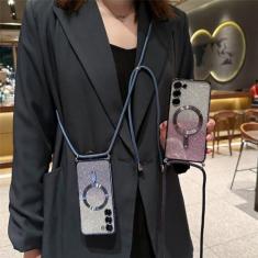 Imagem de Capa crossbody cordão glitter para samsung galaxy s24 s23 s21 fe s22 ultra plus magnético macio tpu chapeamento capa, azul marinho, para samsung s21