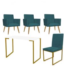 Imagem de Kit Escritório Stan 3 Poltronas com Cadeira e Mesa Industrial Tampo Branco Dourado Suede Azul Turquesa - Ahz Móveis