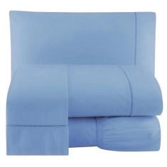 Imagem de Jogo Lençol 4 peças 200 Fios Percal Ponto Palito Casal Azul