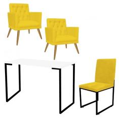 Imagem de Kit Escritório Stan 2 Poltronas Maria com Cadeira e Mesa Industrial Branco Preto Suede Amarelo - Ahz Móveis