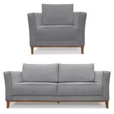 Imagem de Kit Poltrona e Sofá Living 2 Lugares 1,90m Vega Linho Pés Castanho - P