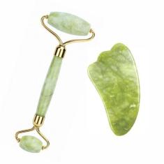 Imagem de Rolo Massageador Galvanizado Pedra Jade + Gua Sha Grande - WAPSHOP