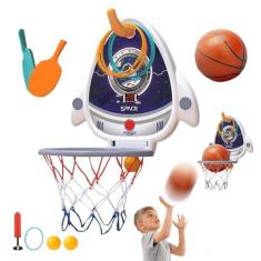 Imagem de Conjunto de suporte de basquete infantil 4 em 1, cesta de basquete de parede, cesta de basquete para quarto com placar eletrônico e bolas de pingue-pongue, brinquedo de basquete com anéis de arremesso