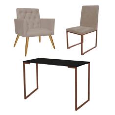 Imagem de Kit Escritório Stan Poltrona Capitonê com Cadeira e Mesa Industrial Preto Bronze Corino Bege - Ahz Móveis