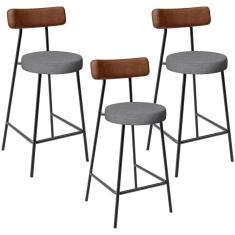 Imagem de Kit 03 Banquetas Baixa Cozinha Jantar Milão L02 Couríssimo Marrom Linho Cinza Escuro - Lyam Decor