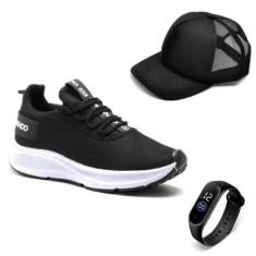 Imagem de Kit Tênis Esportivo Calce Facil Masculino com Cadarço Relógio e Boné-Masculino