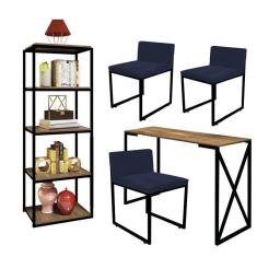 Imagem de Kit Escritório Bex 3 Cadeiras Suede Azul Marinho com 1 Mesa e 1 Livreiro Ferro Preto MDF Caramelo - Ahazzo Móveis