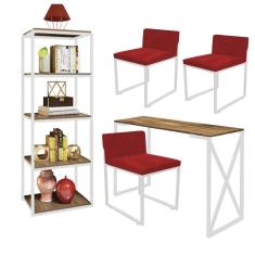 Imagem de Kit Escritório Bex 3 Cadeiras Corino Vermelho com 1 Mesa e 1 Livreiro Ferro Branco MDF Imbuia - Ahazzo Móveis