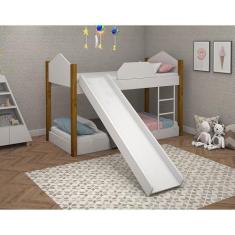 Imagem de Beliche Infantil Luiza Com Colchões Juvenil + Escorregador E Luminária Led - Branca/Amêndoa