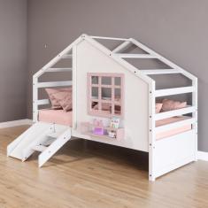 Imagem de Cama Casinha com Janela e Escada/ Escorregador Madeira Maciça Branco/ Rosa Housin