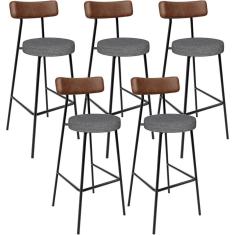 Imagem de Kit 5 Banqueta Alta Cozinha Sala Jantar Milão L02 Couríssimo Marrom Linho Cinza Escuro - Lyam Decor