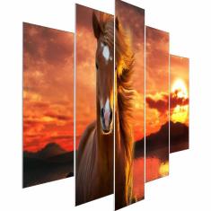 Imagem de Kit Quadros Decorativo Olph Decor Cavalo Pôr Do Sol 5 Peças
