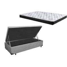 Imagem de Cama Box Baú Solteiro Colchão Espuma D45 Bordado + Box Suede Cinza 61x88x188
