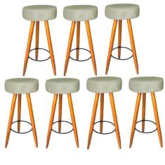 Imagem de Kit 07 Banqueta Alta Flora Pés Palito em Madeira Caramelo  Bar Bistrô 