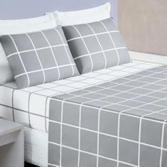 Imagem de Jogo De Cama King Dupla Face Grid Micro Percal 200 Fios Austin 4 Pçs Cinza