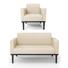 Imagem de Sofá Namoradeira com Poltrona Base de Madeira Fixa Preto Marisa Linho Bege A19 D03 - D'Rossi